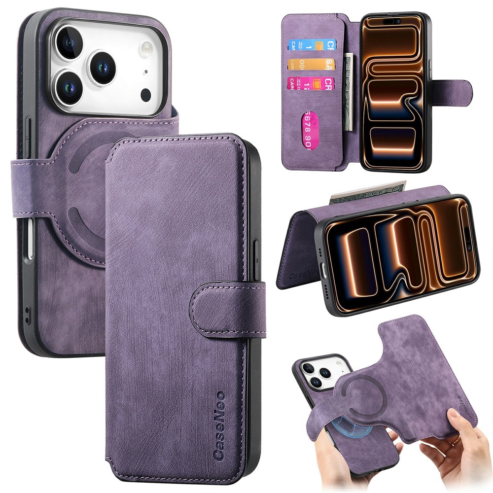CASENEO MW-03 For iPhone 17 Pro Max Case with Detachable Wallet Leather + TPU Phone Cover - Purple