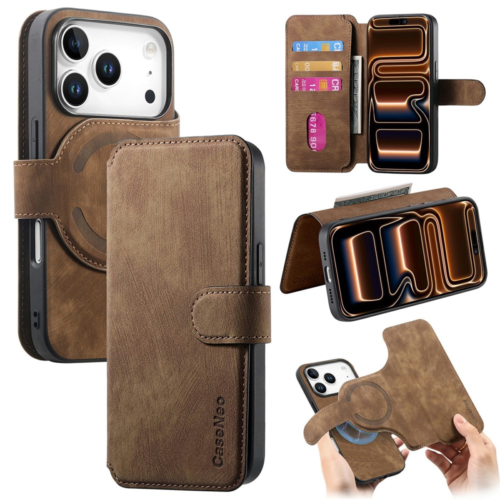 CASENEO MW-03 For iPhone 17 Pro Case with Detachable Wallet Leather + TPU Phone Cover - Brown