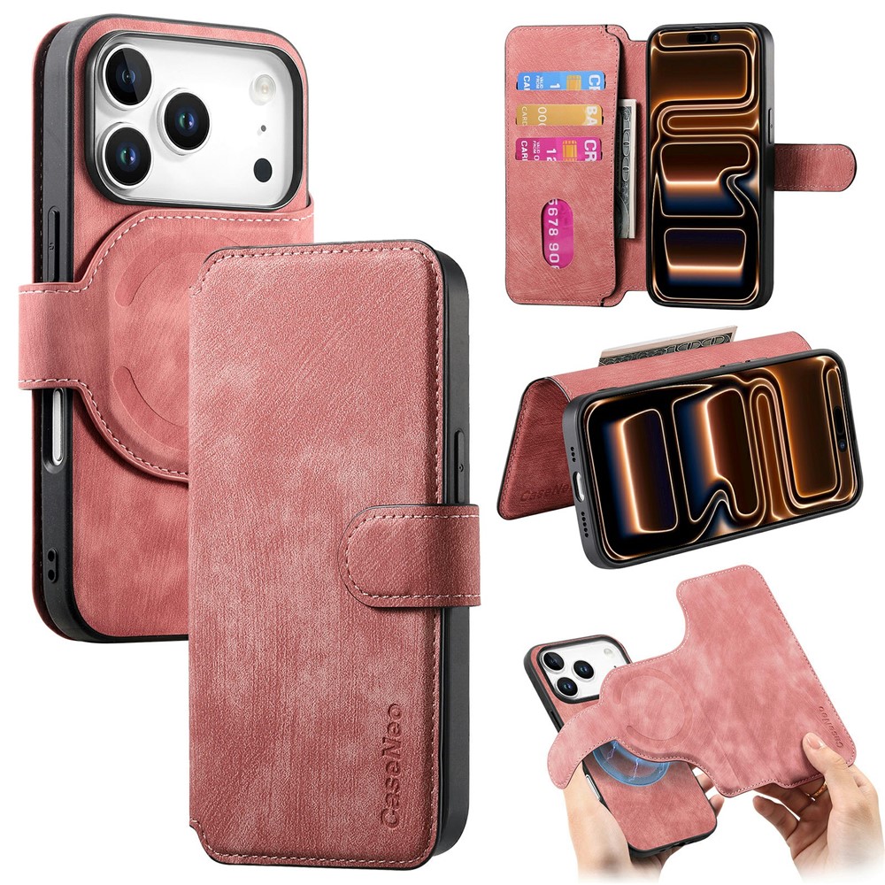 CASENEO MW-03 For iPhone 17 Pro Case with Detachable Wallet Leather + TPU Phone Cover - Pink