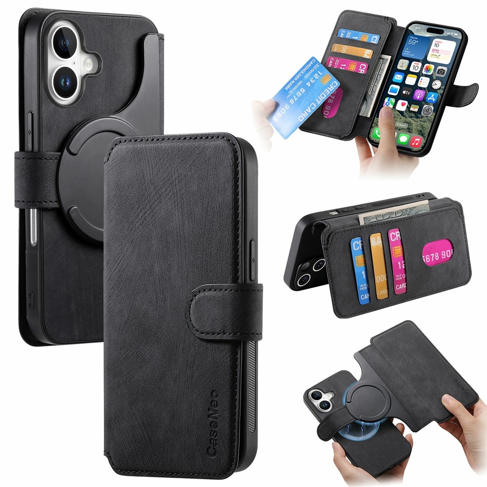 CASENEO MW-03 For iPhone 17 Case with Detachable Wallet Leather + TPU Phone Cover - Black