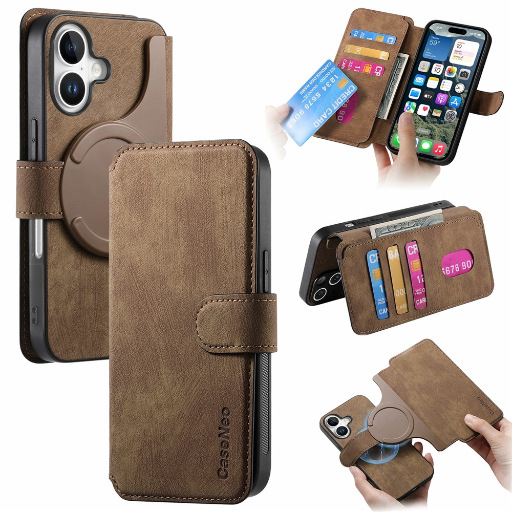 CASENEO MW-03 For iPhone 17 Case with Detachable Wallet Leather + TPU Phone Cover - Brown