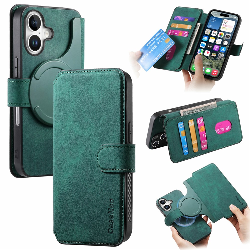 CASENEO MW-03 For iPhone 17 Case with Detachable Wallet Leather + TPU Phone Cover - Green