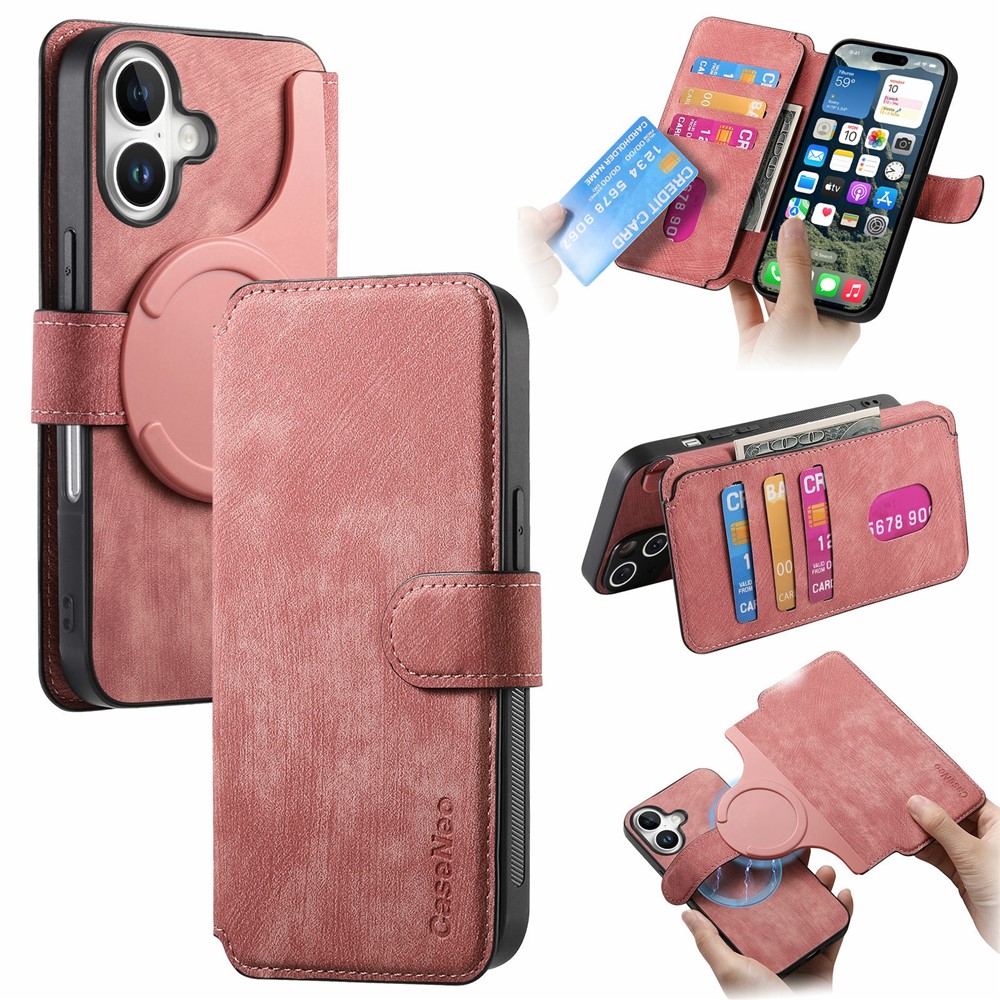 CASENEO MW-03 For iPhone 17 Case with Detachable Wallet Leather + TPU Phone Cover - Pink