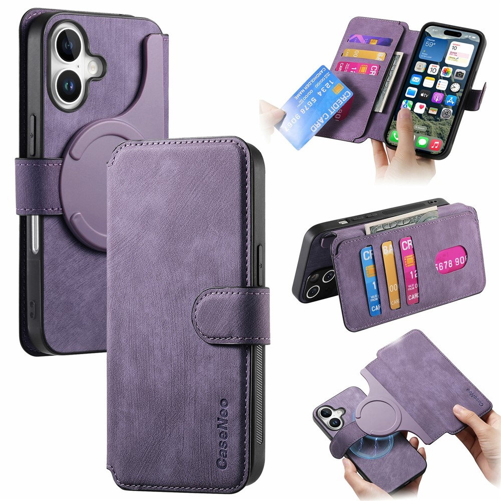 CASENEO MW-03 For iPhone 17 Case with Detachable Wallet Leather + TPU Phone Cover - Purple