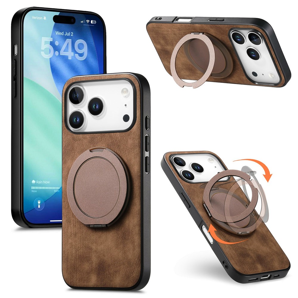 For iPhone 17 Pro Max Phone Case with Rotating Kickstand Stress Relief Retro Leather Back Cover - Brown