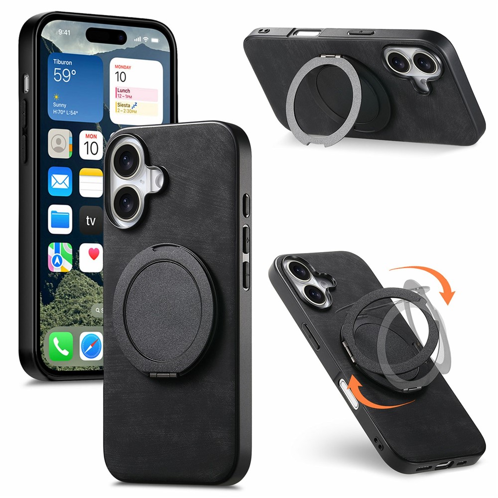 For iPhone 17 Phone Case with Rotating Kickstand Stress Relief Retro Leather Back Cover - Black