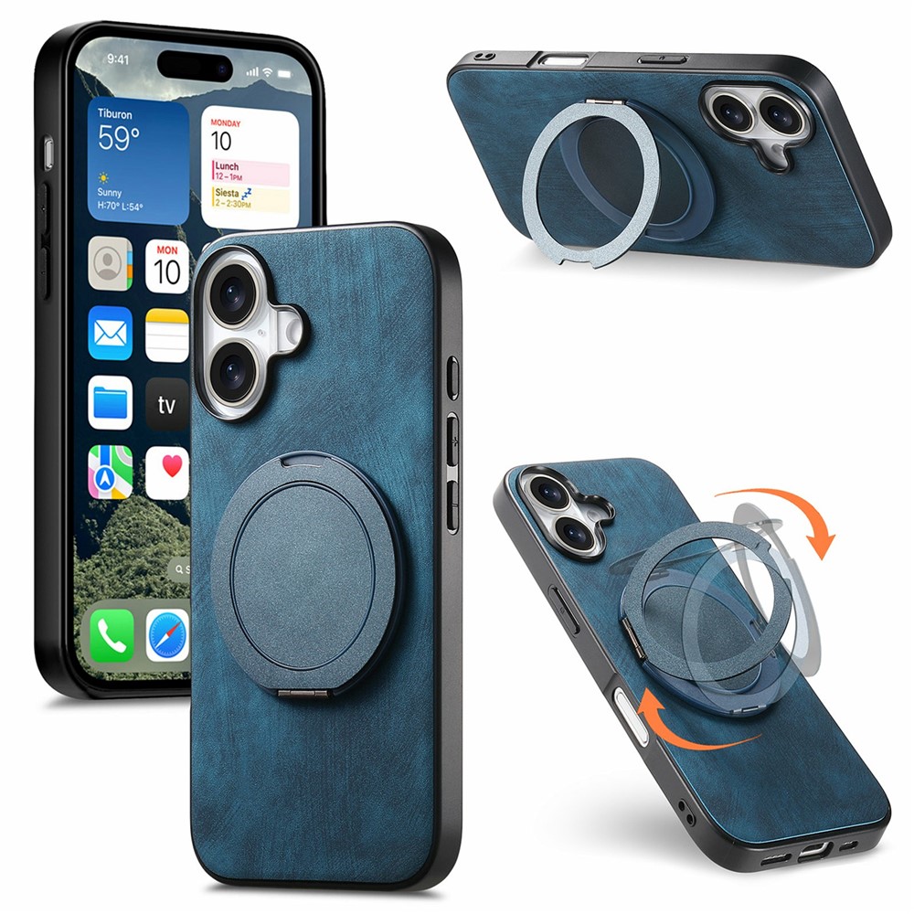 For iPhone 17 Phone Case with Rotating Kickstand Stress Relief Retro Leather Back Cover - Blue