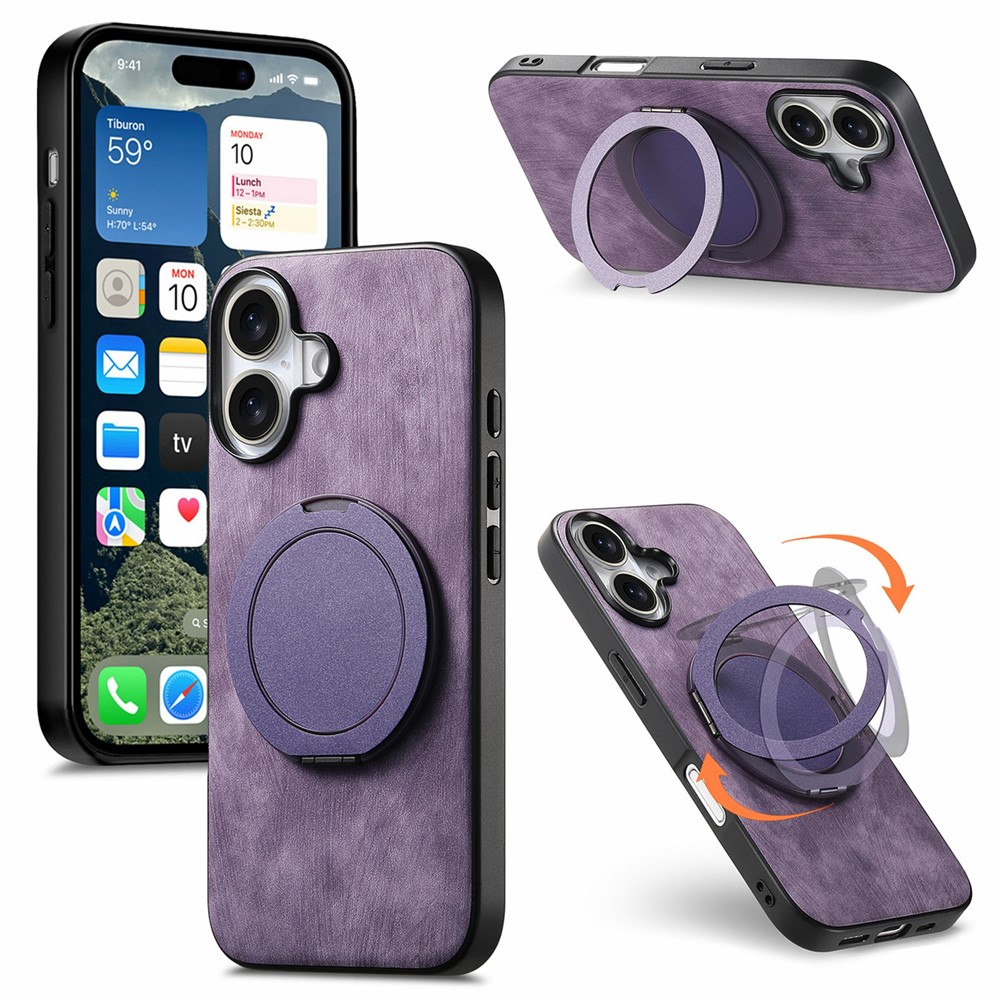 For iPhone 17 Phone Case with Rotating Kickstand Stress Relief Retro Leather Back Cover - Purple