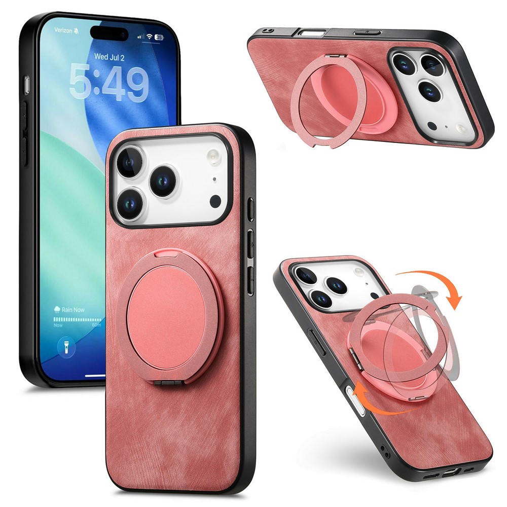 For iPhone 17 Pro Phone Case with Rotating Kickstand Stress Relief Retro Leather Back Cover - Pink
