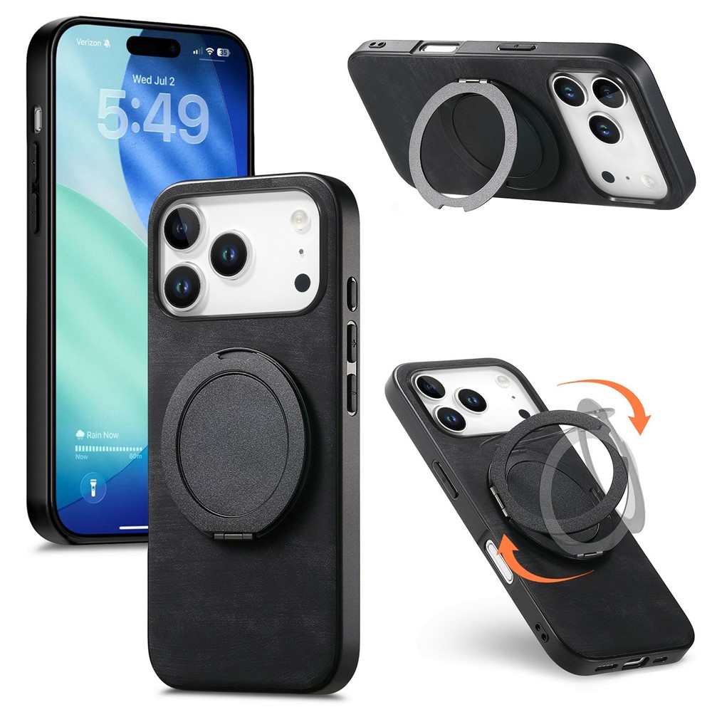 For iPhone 17 Pro Phone Case with Rotating Kickstand Stress Relief Retro Leather Back Cover - Black