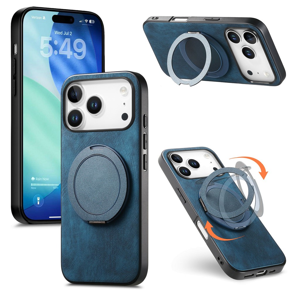 For iPhone 17 Pro Phone Case with Rotating Kickstand Stress Relief Retro Leather Back Cover - Blue