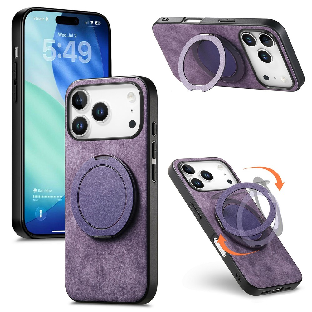 For iPhone 17 Pro Phone Case with Rotating Kickstand Stress Relief Retro Leather Back Cover - Purple