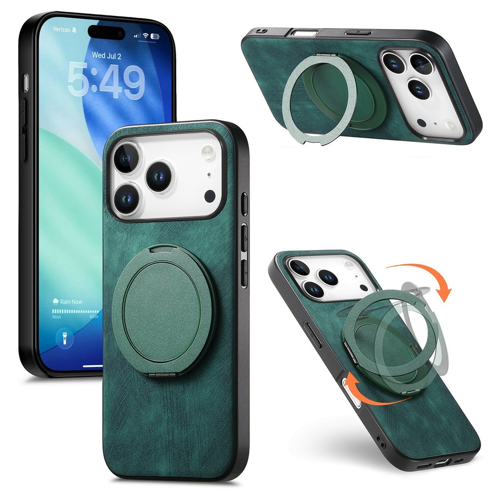 For iPhone 17 Pro Phone Case with Rotating Kickstand Stress Relief Retro Leather Back Cover - Green