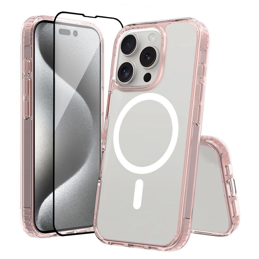 For iPhone 16 Pro Max Case Compatible with MagSafe PC + TPU Clear Phone Cover with Tempered Glass Screen Protector - Pink