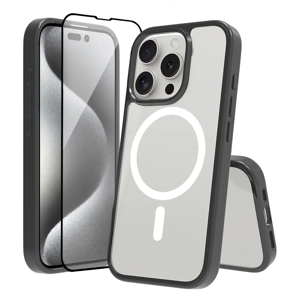 For iPhone 16 Pro Max Case Compatible with MagSafe PC + TPU Clear Phone Cover with Tempered Glass Screen Protector - Black