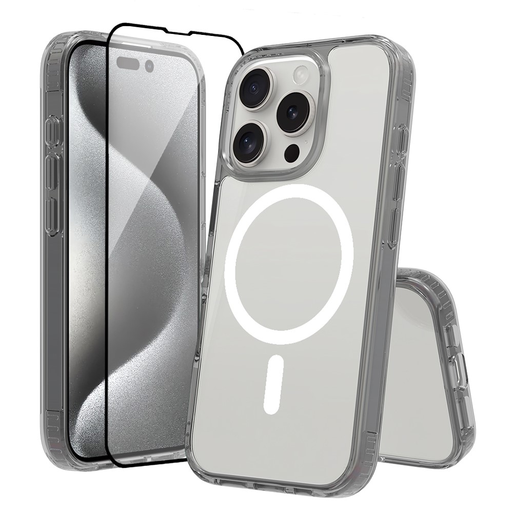 For iPhone 16 Pro Max Case Compatible with MagSafe PC + TPU Clear Phone Cover with Tempered Glass Screen Protector - Grey