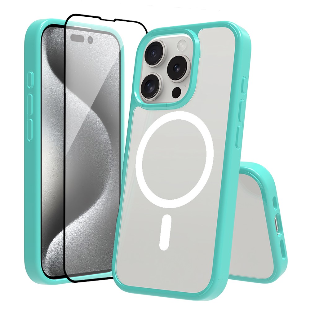 For iPhone 16 Pro Max Case Compatible with MagSafe PC + TPU Clear Phone Cover with Tempered Glass Screen Protector - Green