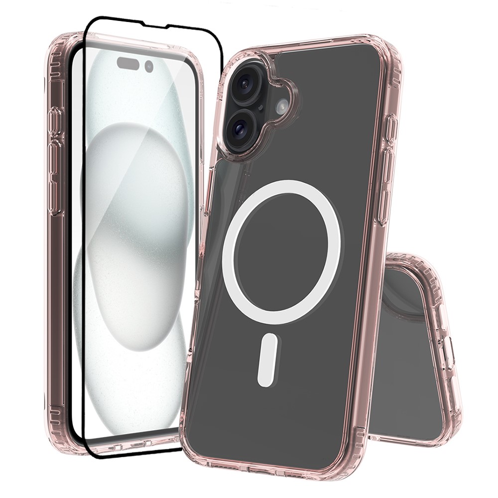 For iPhone 16 Plus Case Compatible with MagSafe PC + TPU Clear Phone Cover with Tempered Glass Screen Protector - Pink