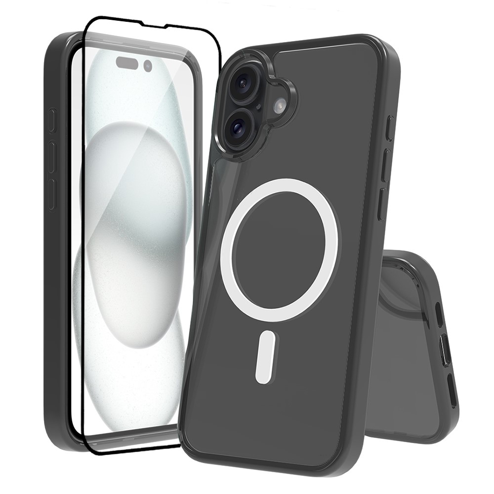 For iPhone 16 Plus Case Compatible with MagSafe PC + TPU Clear Phone Cover with Tempered Glass Screen Protector - Black