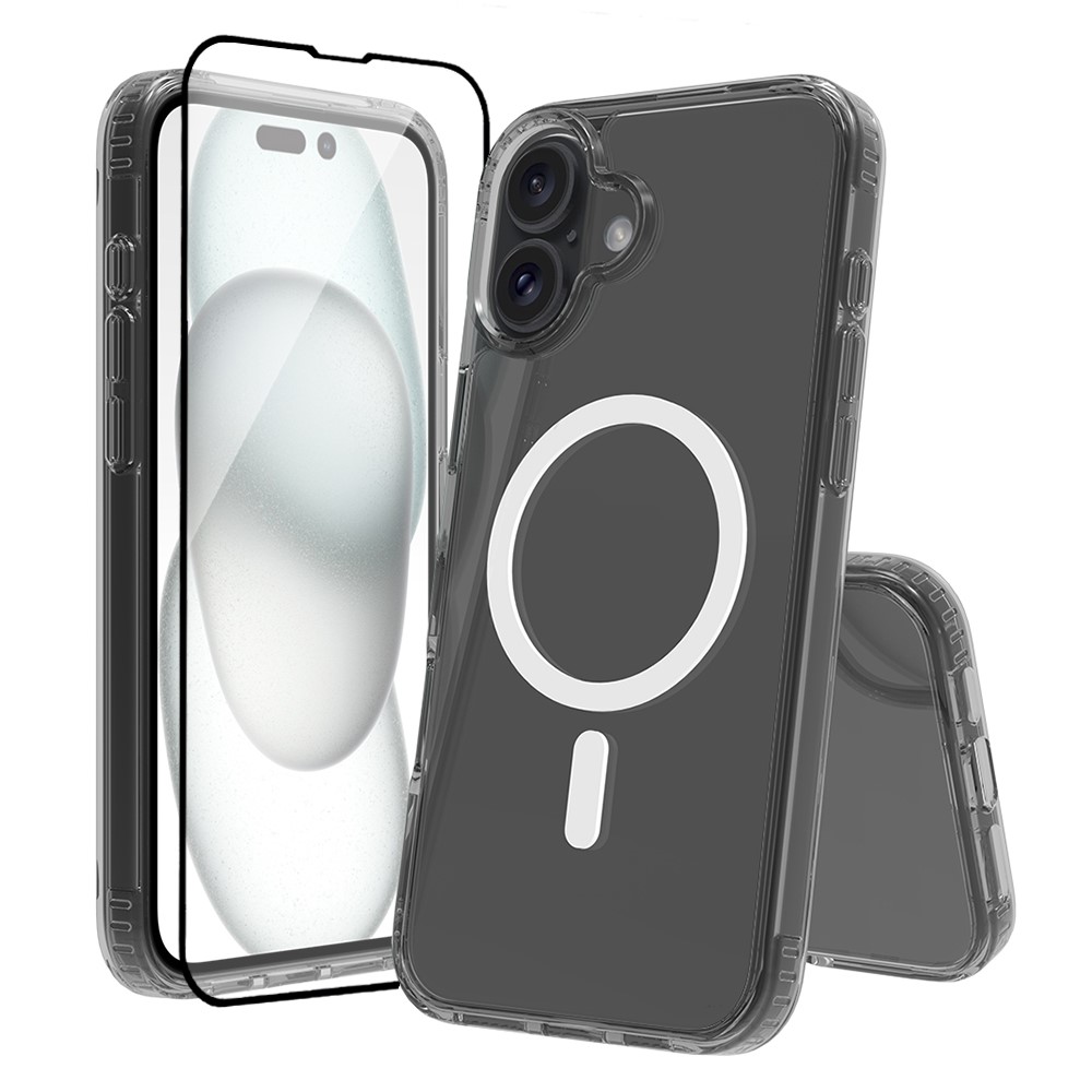 For iPhone 16 Plus Case Compatible with MagSafe PC + TPU Clear Phone Cover with Tempered Glass Screen Protector - Grey