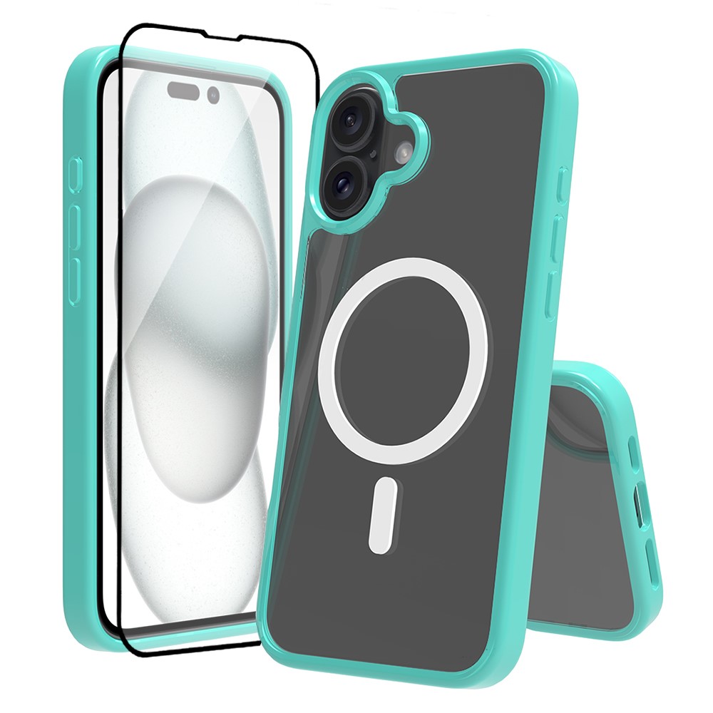 For iPhone 16 Plus Case Compatible with MagSafe PC + TPU Clear Phone Cover with Tempered Glass Screen Protector - Green