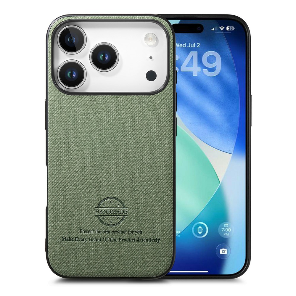 For iPhone 17 Pro Case Leather Phone Back Cover with Cloth Texture - Green