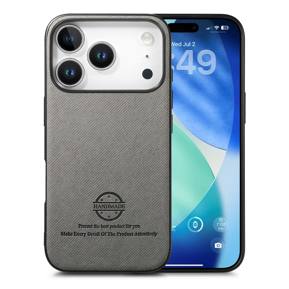 For iPhone 17 Pro Case Leather Phone Back Cover with Cloth Texture - Grey