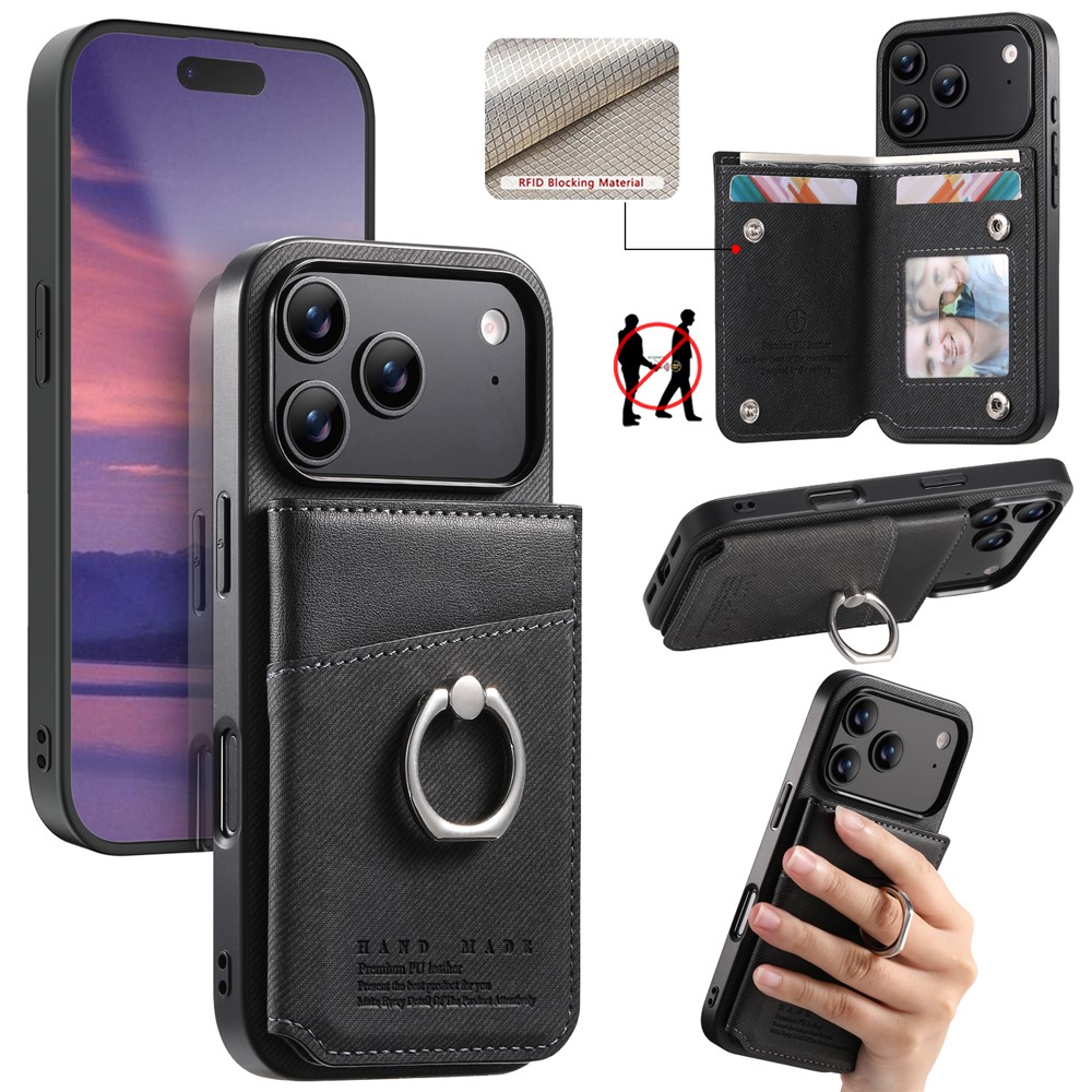 For iPhone 17 Pro Max Case with Card Holder Kickstand Leather + TPU + PC Phone Cover - Black