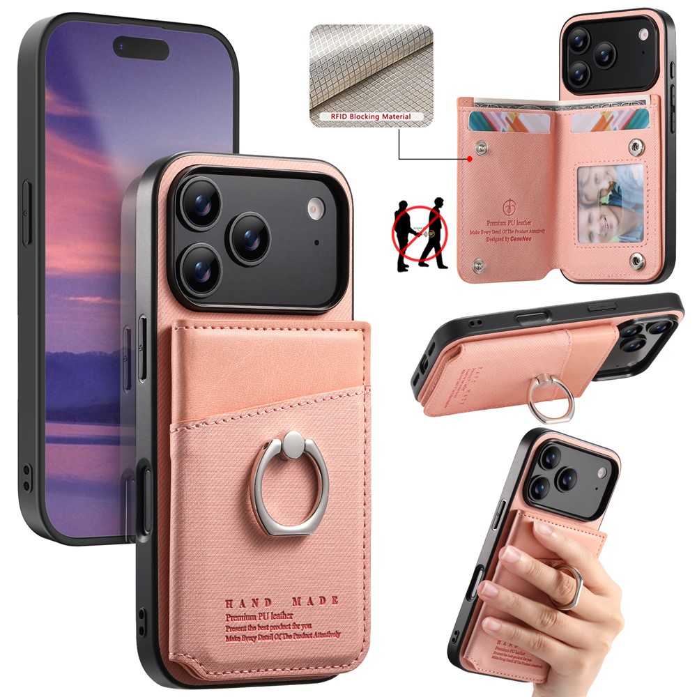 For iPhone 17 Pro Max Case with Card Holder Kickstand Leather + TPU + PC Phone Cover - Pink