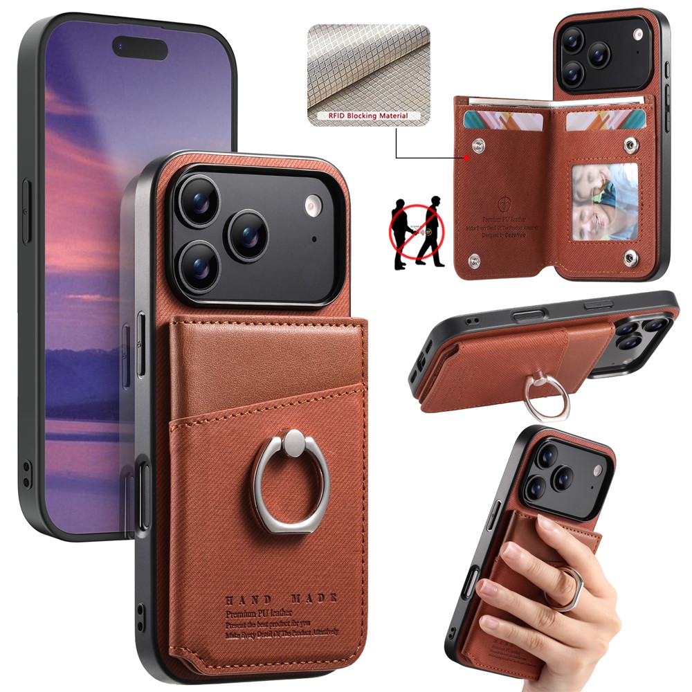 For iPhone 17 Pro Max Case with Card Holder Kickstand Leather + TPU + PC Phone Cover - Brown