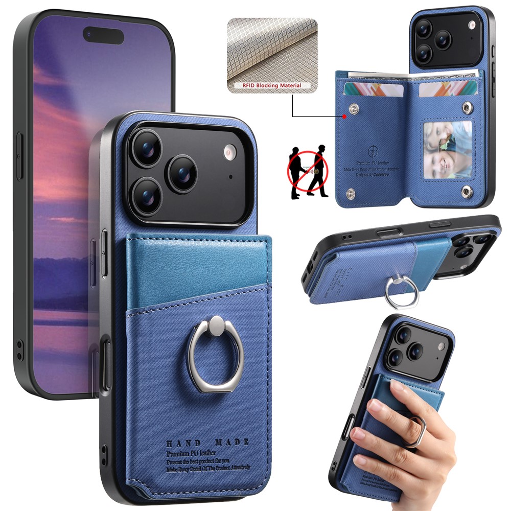 For iPhone 17 Pro Max Case with Card Holder Kickstand Leather + TPU + PC Phone Cover - Blue