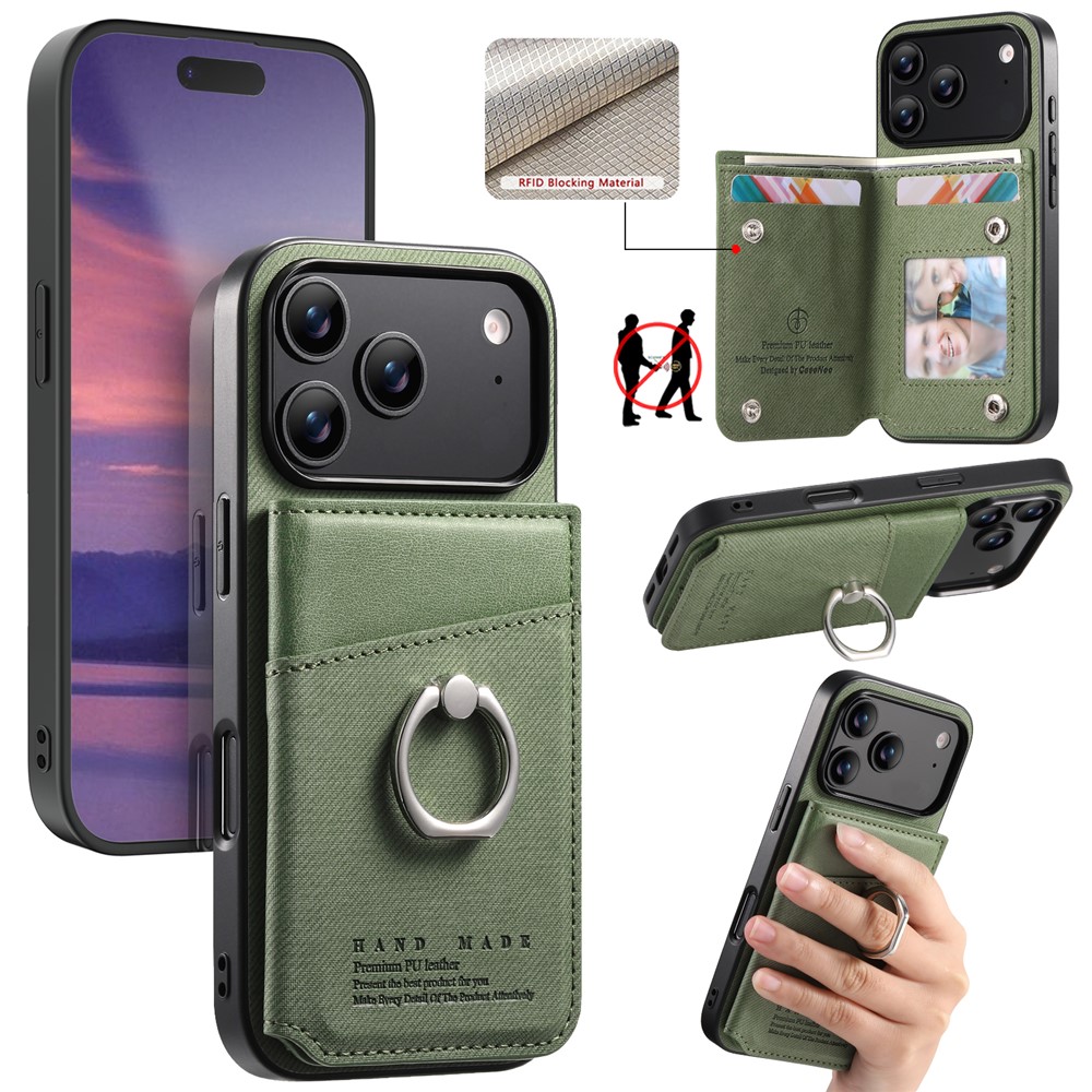 For iPhone 17 Pro Max Case with Card Holder Kickstand Leather + TPU + PC Phone Cover - Green