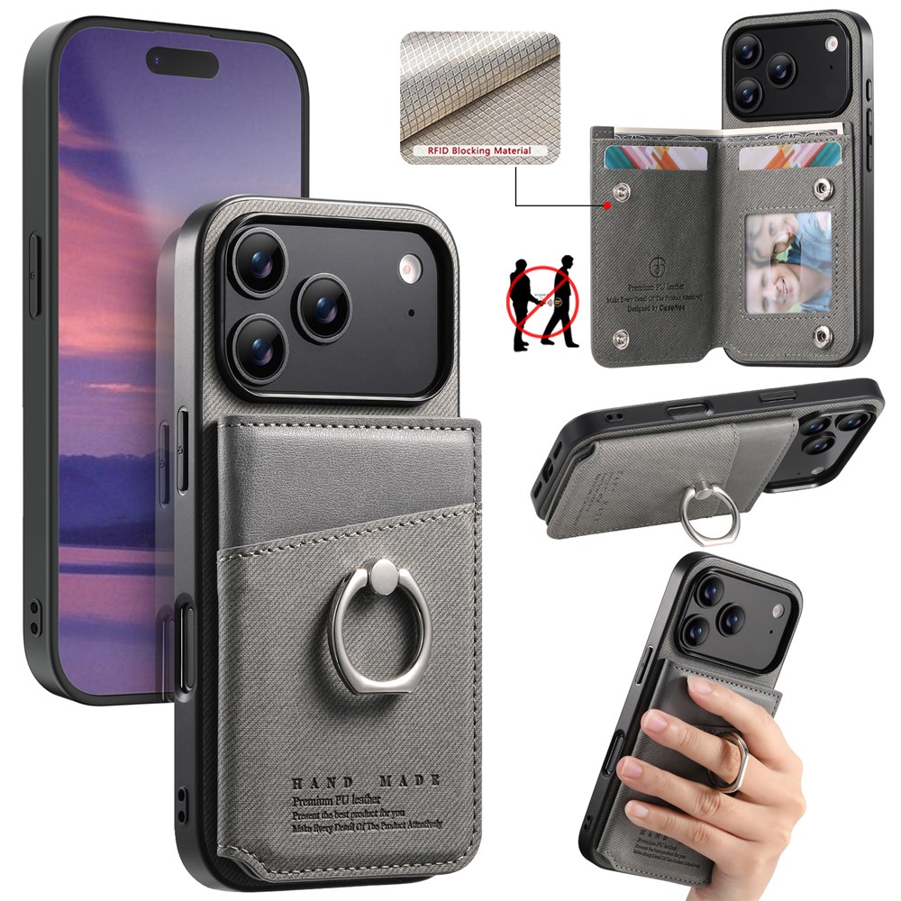 For iPhone 17 Pro Case with Card Holder Kickstand Leather + TPU + PC Phone Cover - Grey