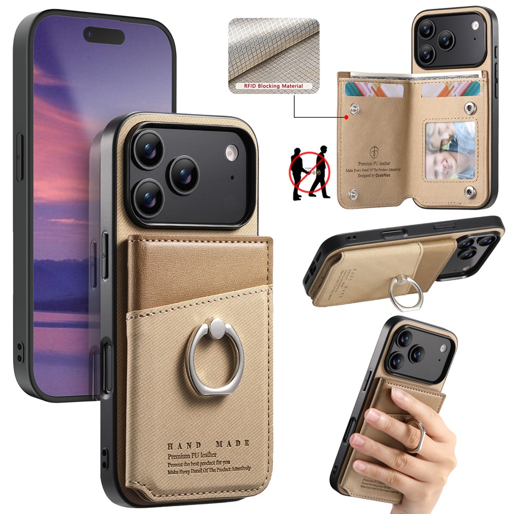 For iPhone 17 Pro Case with Card Holder Kickstand Leather + TPU + PC Phone Cover - Khaki