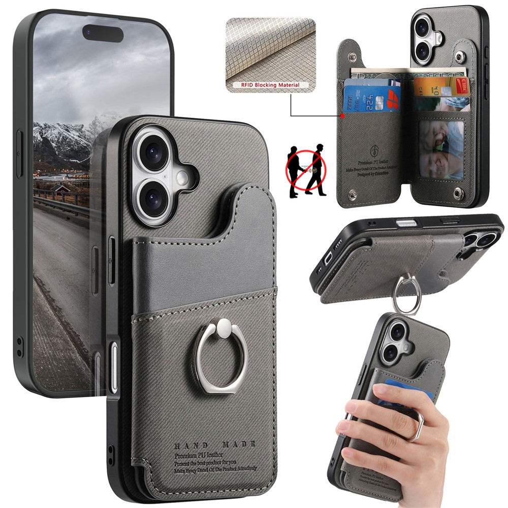 For iPhone 17 Case with Card Holder Kickstand Leather + TPU + PC Phone Cover - Grey