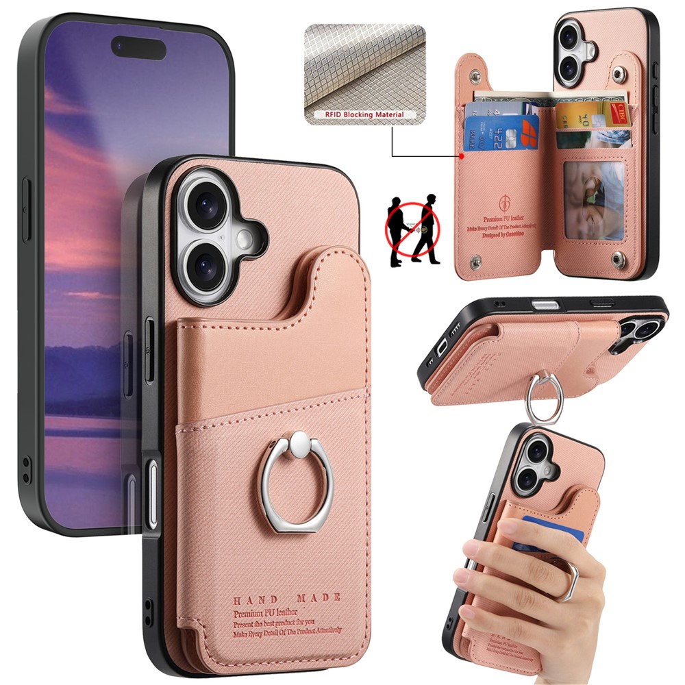 For iPhone 17 Case with Card Holder Kickstand Leather + TPU + PC Phone Cover - Pink