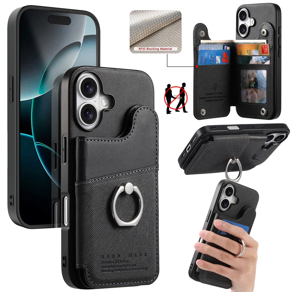 For iPhone 17 Case with Card Holder Kickstand Leather + TPU + PC Phone Cover - Black