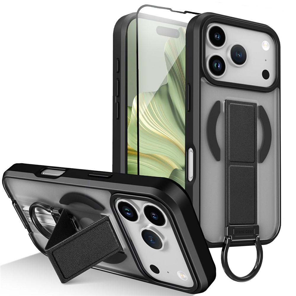 For iPhone 17 Pro Magnetic Case Metal D-Ring Kickstand PC + TPU Phone Cover with Tempered Glass Screen Film - Black