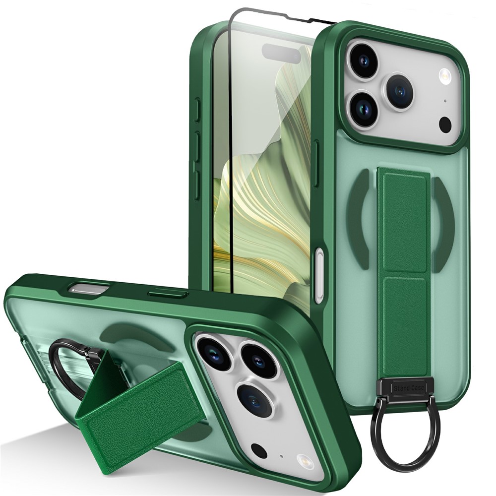 For iPhone 17 Pro Magnetic Case Metal D-Ring Kickstand PC + TPU Phone Cover with Tempered Glass Screen Film - Green