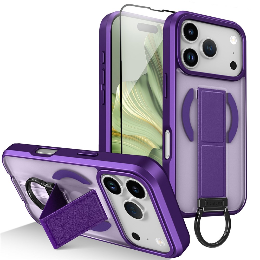 For iPhone 17 Pro Magnetic Case Metal D-Ring Kickstand PC + TPU Phone Cover with Tempered Glass Screen Film - Purple