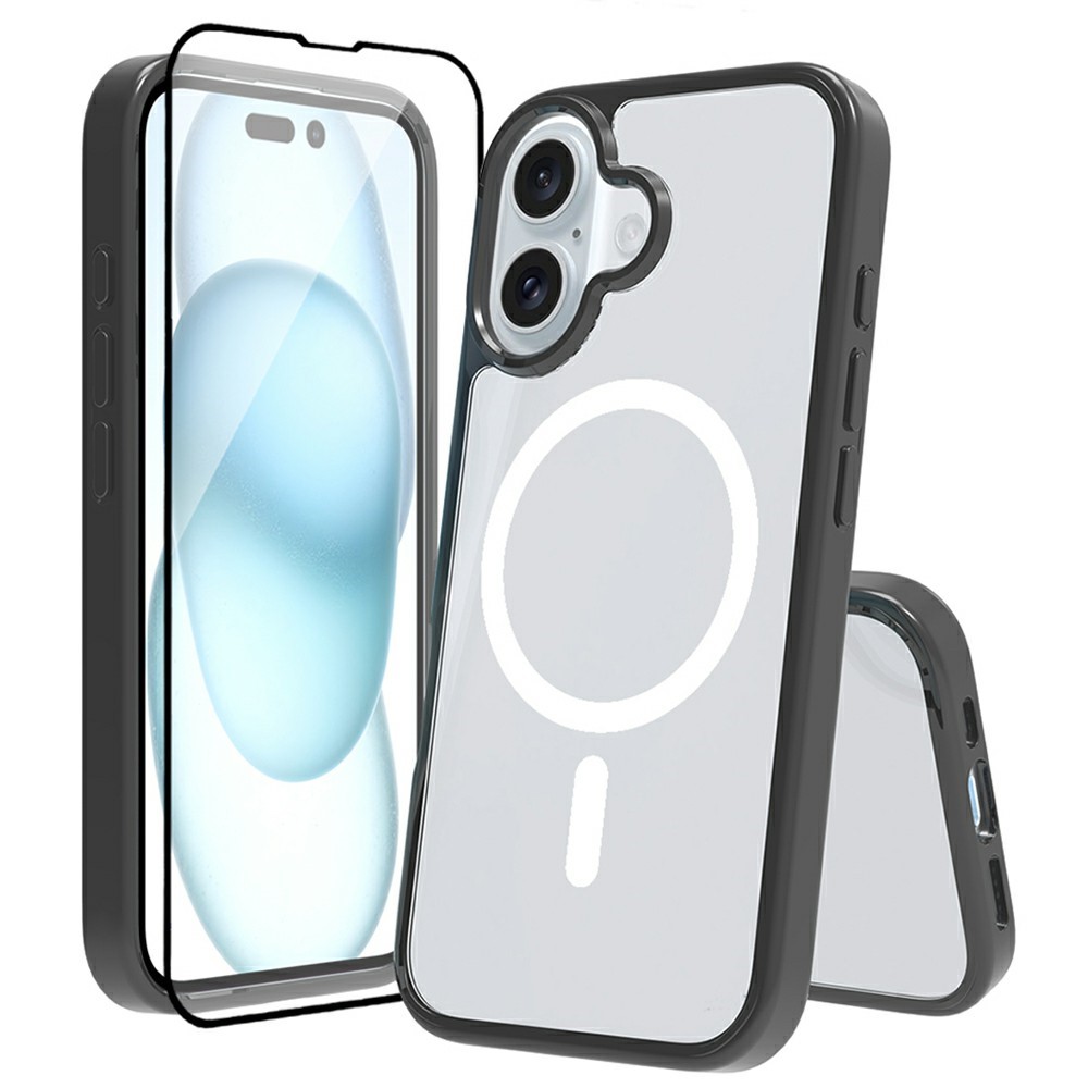 For iPhone 16 Case Compatible with MagSafe PC + TPU Clear Phone Cover with Tempered Glass Screen Protector - Black