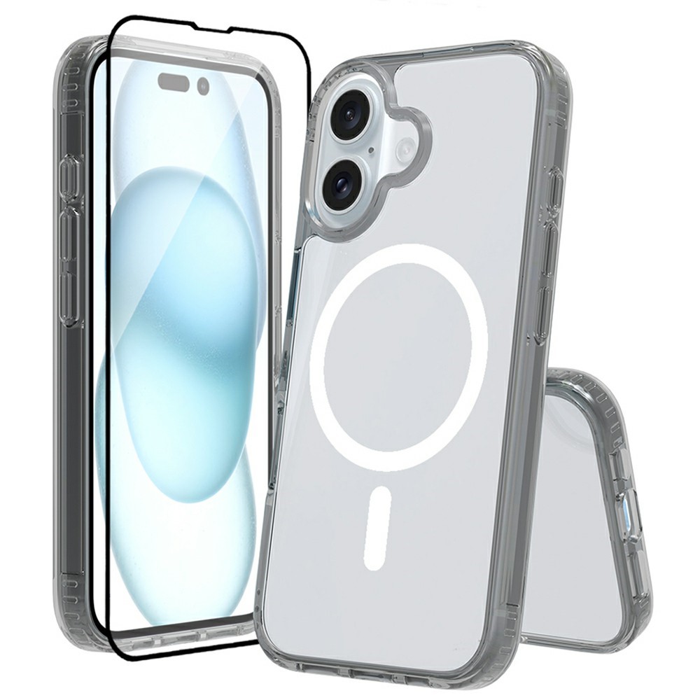 For iPhone 16 Case Compatible with MagSafe PC + TPU Clear Phone Cover with Tempered Glass Screen Protector - Grey