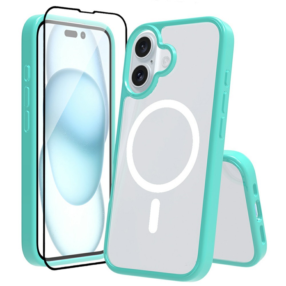 For iPhone 16 Case Compatible with MagSafe PC + TPU Clear Phone Cover with Tempered Glass Screen Protector - Green