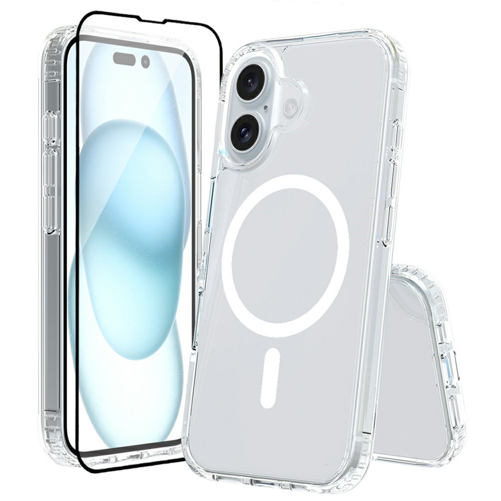 For iPhone 16 Case Compatible with MagSafe PC + TPU Clear Phone Cover with Tempered Glass Screen Protector - Transparent
