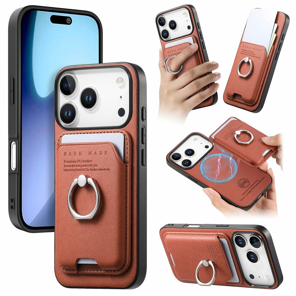 For iPhone 17 Pro Max Case Cloth Texture Leather + PC + TPU Phone Cover with Detachable Magnetic Ring Kickstand Card Holder - Brown