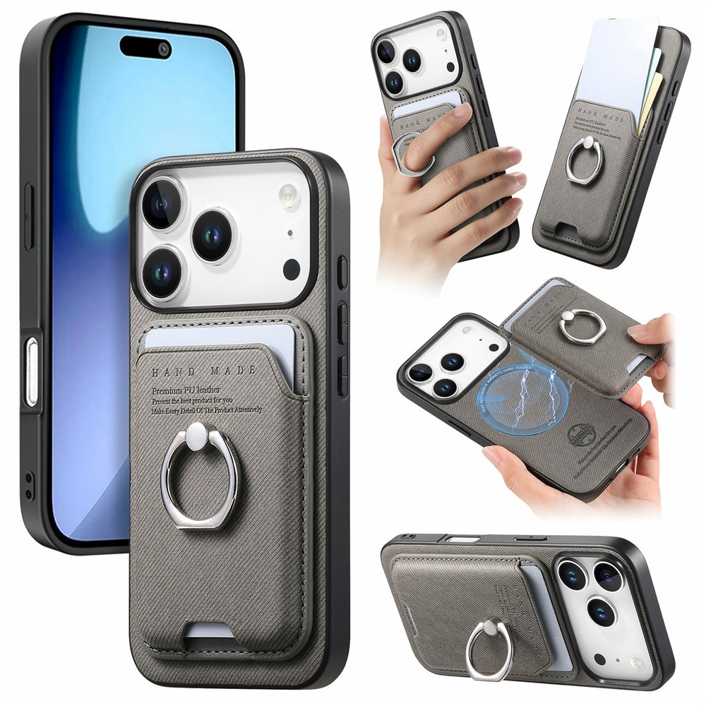 For iPhone 17 Pro Max Case Cloth Texture Leather + PC + TPU Phone Cover with Detachable Magnetic Ring Kickstand Card Holder - Grey