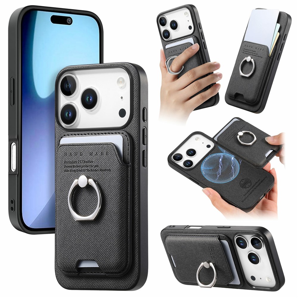 For iPhone 17 Pro Max Case Cloth Texture Leather + PC + TPU Phone Cover with Detachable Magnetic Ring Kickstand Card Holder - Black