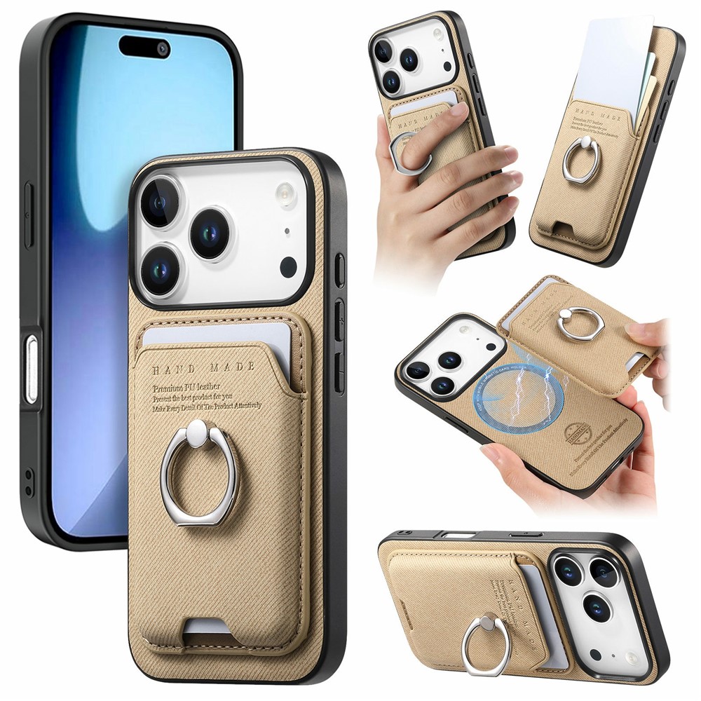 For iPhone 17 Pro Max Case Cloth Texture Leather + PC + TPU Phone Cover with Detachable Magnetic Ring Kickstand Card Holder - Khaki