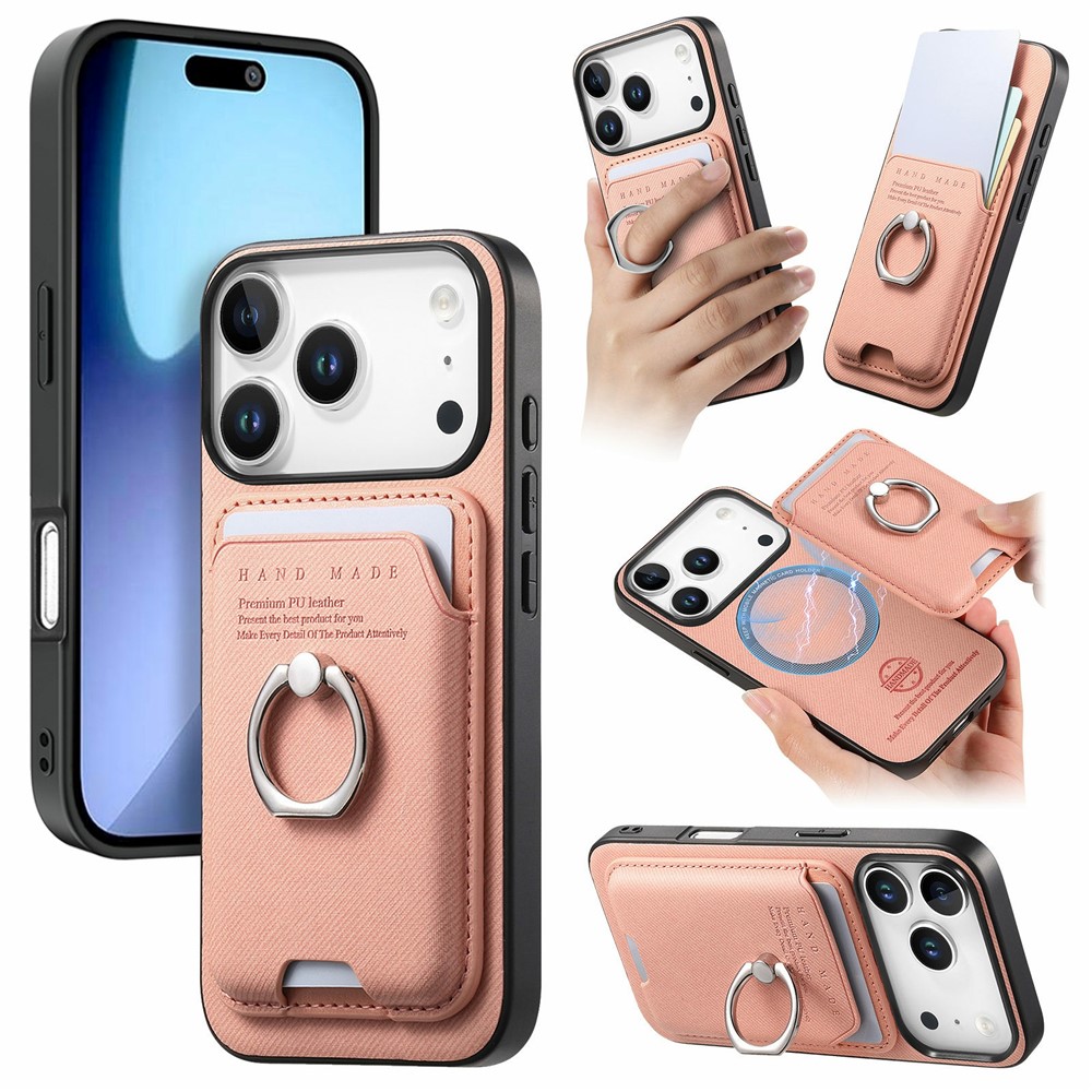 For iPhone 17 Pro Max Case Cloth Texture Leather + PC + TPU Phone Cover with Detachable Magnetic Ring Kickstand Card Holder - Pink