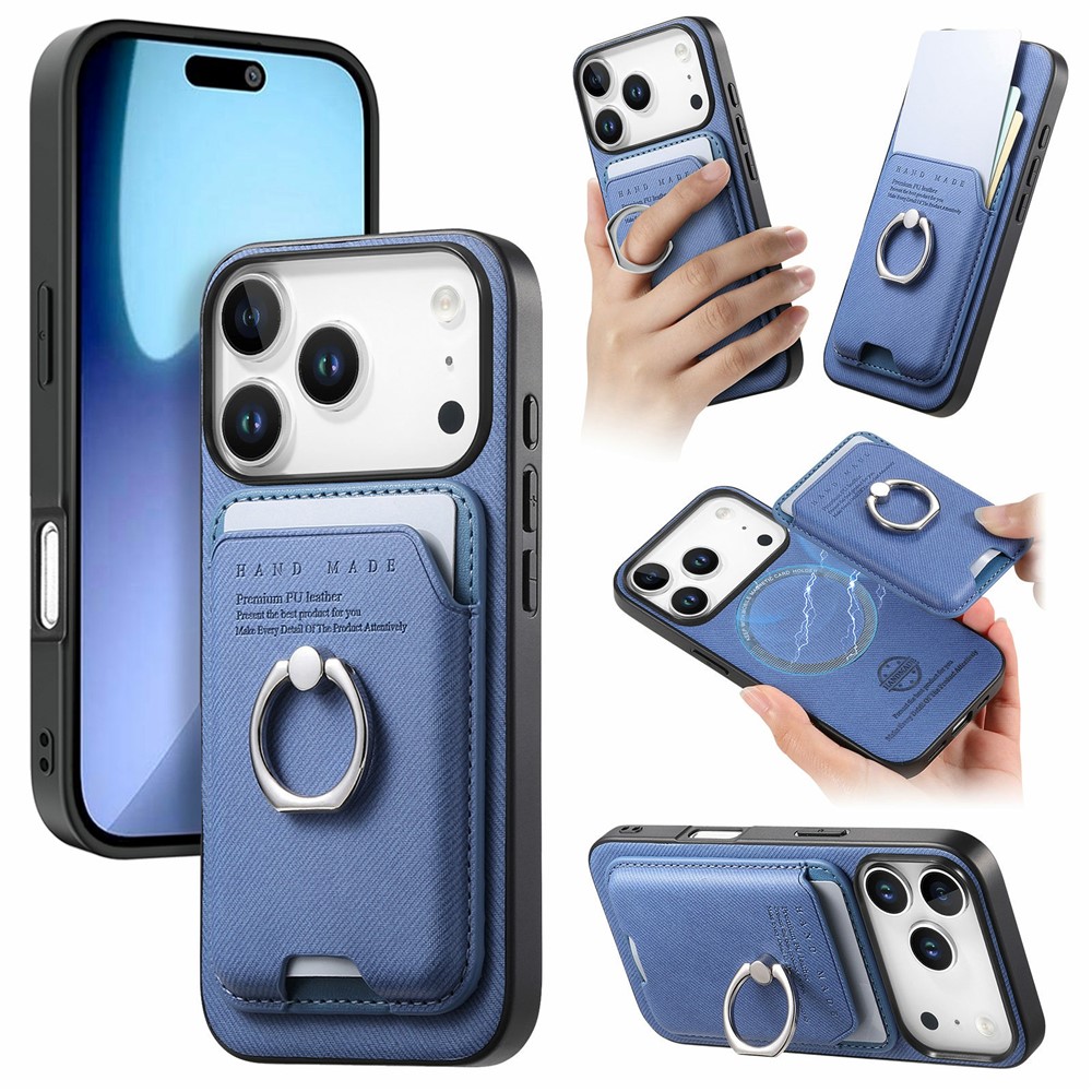 For iPhone 17 Pro Case Cloth Texture  Leather + PC + TPU Phone Cover with Detachable Magnetic Ring Kickstand Card Holder - Blue